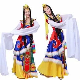 Costume da ballo tibetano Costume femminile tibetano Lg maniche in seta bianca Costume danza minoritaria L1Mb #