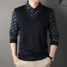 Весенне-осенняя мужская деловая повседневная тонкая рубашка-поло в полоску с лацканами, свободные рубашки для отдыха, поддельные рубашки из двух предметов 240328