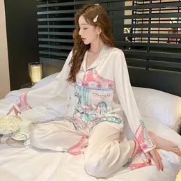 Home Clothing Pajamas Women's Ice Silk Autumn Long Sleeved Pants Set Cartoon Dreamy Spinning Carriage