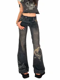 Rockmore Y2K Low Rise Flare Jeans için Kadın Sokak Giyim Estetik Baskı Jean Pants Vintage Wed Denim Pantolon Grunge Fairycore 86D7#