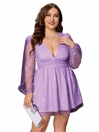 cinemore Plus Size Summer Dres Women 2023 Sexy V Neck Lantern Sleeve Sequin Mesh Overlay Party Date Cute Sweet Female Dr h8gF#