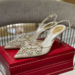 2022 novo strass rendas sapatos de casamento das mulheres salto fino apontou malha pérola vestido de casamento sapatos de salto alto sandálias baotou volta vazio