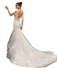 Lusso Sirena Wedding Dres Ruffles Backl Scollo a V Applicazioni di pizzo Sleevel Sweep Train Vestido De Novia 2024 L4c6 #