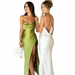 Spaghetti Strap White LG Satin Dr Elegant Party Dr for Women 2024 Summer High Slit Backl Formal OCN DRES MAXI F393#