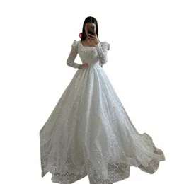 Abiti da sposa di lusso con perline Princ A-line Ball Gown Colletto quadrato Manica intera Sposa Dr Prom Dres Robe De Marie