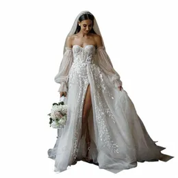 Sexig baksida fascinerande bröllop dres a-line sjöjungfru off axel hög slitspets applikation enkel mopp brudklänningar 2024 t8yn#