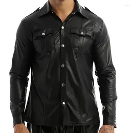 Camisas casuais masculinas homens preto fosco camisa de couro tops turn down colarinho manga longa pu blusa botão nightclub palco trajes clubwear