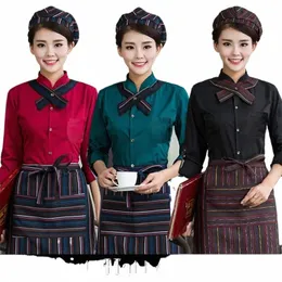 tops+apr+hat Summer Women Short Sleeve Waiter Uniform Coffee Cafe Waitr Uniform Men Hotel Restaurant Shirt Overalls 89 W9pt#