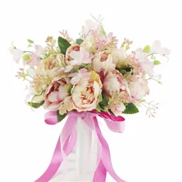 Håller FRS Artificial Natural Pey Wedding Bouquet med Silk Satin Ribb Pink White Champagne Bridesmaid Bridal Party X4YI#