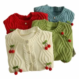 Yuoomuoo Chic Fi Cherry Knitted Komater Kobiety Autumn Cute Butt Up O-Neck LG Rękaw Lady Y2K Swatery G3EV#