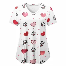 2023 Scrub Top per le donne Manica corta Carto Spa Uniformi uniformi mediche Beauty Pet Shop Infermiera Uniforme con scollo a V Tunica Tasche P87Y #