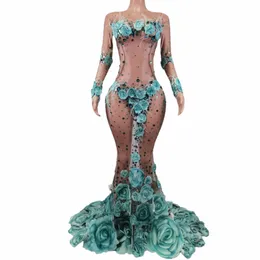 Rhineste Dr Sheer Mermaid Fr Mesh Maxi Dres Party Party Piosenkarz Performance Kostium ślubny noszenie huaxianzi y8bi#