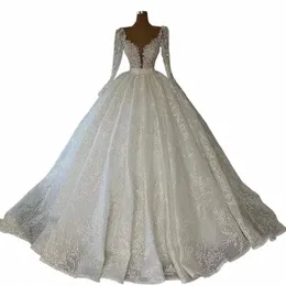 Роскошное бальное платье Princ с V-образным вырезом Свадебные платья 2023 Кружевная аппликация Lg с рукавами и блестками Арабский Дубай Женщины Вечерние платья невесты c4Gq #