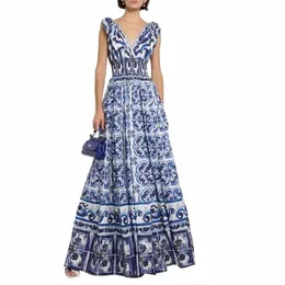 menahem Summer Holiday Maxi Dr Women's Bow Spaghetti Strap V-Neck Elastic Waist Blue And Porcelain Print Party Lgue Robes f4I8#