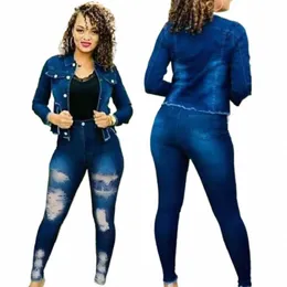 fiable Holes Distred Denim 2 Piece Set Women Europe America Africa Jeans Suit Stretch Jeans Two Piece Fall Outfits z1jQ#