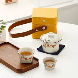 Conjuntos de chá Retro Ru Kiln Travel Tea Set Gaiwan Teacup Cerâmica Copo Portátil Saco de Armazenamento Um Pote Dois Copos com Filtro