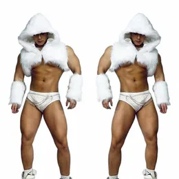 Nightclub Party Muscle Man Gogo Dancing Performance Wear White Fux Furt Support Outfit Pole Dance Dance Cosutme VDB4936 A8YU#