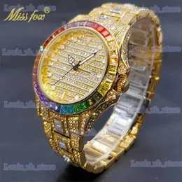 Andere Uhren Relgio MISSFOX Iced Out Golden es für Männer Regenbogen Diamant Hip Hop Mode Luxus Herren Automatik Kalender Geschenk T240329