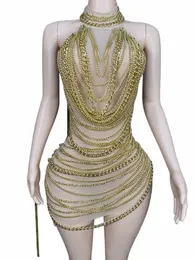 fi See Through Nude Mesh Women Dr Shiny Golden Chain Dr Party Bar Wear Singing Stage Performance Costume V8xT#