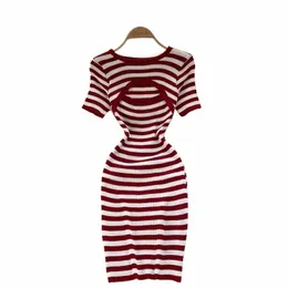 donne Retro Stripe lavorato a maglia Dr manica corta O collo matita sottile Mini Dr 2024 estate sexy Bodyc Hollow Short Sundr t4ye #