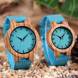 Luxury Royal Blue Wood Watch Top Quartz Wristwatch 100% Natural Bamboo Clock Casual Leather Band Valentine's Day Gifts for Me2380