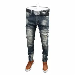 newly Designer Fi Men Jeans Retro Blue Embroidery Slim Ripped Jeans Men Trousers Elastic Vintage Casual Denim Pants Hombre V3Bb#