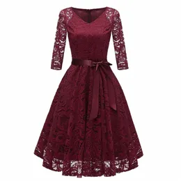 Vestido de Fiesta de Noche de Encaje Para Mujer ، Vestido Midi Elegante C Cuello En V ، Manga 2024 ، Vintage ، Gran Swing ، Halen ، 3/4 W06B#