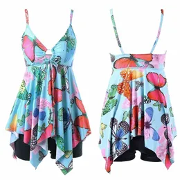 Yaz Yeni Kelebek Baskı Yüzme Kadınları Artı Beden Plaj Giyim Düzensiz Hem Dr+Şort İki Parçalı Bikini Set Tankini Mayo L35C#