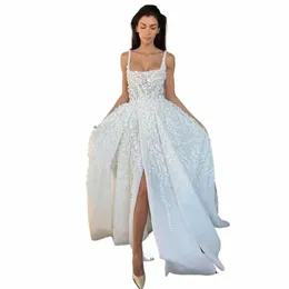 luxury Wedding Dr for Bride A Line Criss-Cross Slit Illusi Gown Lg Pearls 3D Frs Backl Lace Bridal Dres j36t#