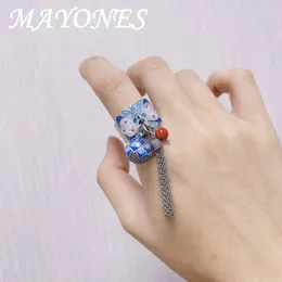 Cluster Rings Chinese Style Enamel Lotus Flower Agate Ball Women Retro 925 Silver Tassel Adjustable Bohemian Jewelry JZ016