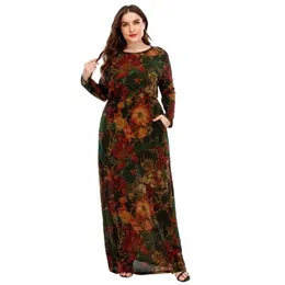 レトロフローラルプリントアバヤイスラム教徒Dr Women Plus Size o-Neck Lg Lg Sleeve Autumn Winter Maxi Dr Turkish Women Clothing F4CA＃