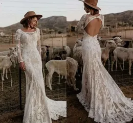 Abiti da sposa gotici moderni a maniche lunghe Boho Country Hippie Abiti da sposa in pizzo a sirena Abiti da sposa con scollo rotondo Abiti senza schienale De Mariee C G