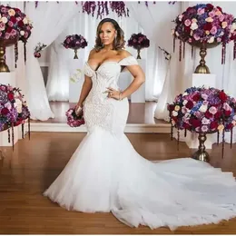 HOT Abito da sposa a sirena africana Abiti da sposa Plus Size Al largo della spalla Appliqued in pizzo con perline Vestido De Noiva Abiti da matrimonio per signora