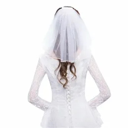 T84B Tiul Wedding Dr Veils White Ribb Edge Rhinestes Fałszywe perły Krótkie nałogowe włosy Właszcz Comb Bride Małżeństwo N9WE#