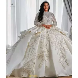 고급 아랍어 스타일 라인 웨딩 드레스 긴 슬리브 플러스 크기 푹신한 기차 공주 반짝이는 스팽글 스팽글 신부 파티 드레스 로브 드 결혼 DHL