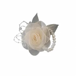 bridesmaid Faux Rose Bracelet Wedding Wrist Corsage Ribb Pearl Bow Bridel Wrist Frs Hand Frs Party Prom Supplies Q6LJ#