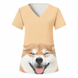 carto Dog Print Nurses Uniforms Women Short Sleeve V Neck Working Blouse Tops With Pockets Medical Nursing Uniform Scrubs U3fQ#