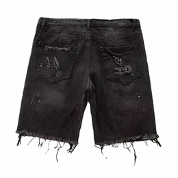 customized Men Shorts Men Denim Shorts Men's Summer Distred Denim Shorts Straight Fit Ripped Holes Knee Length Jeans f009#