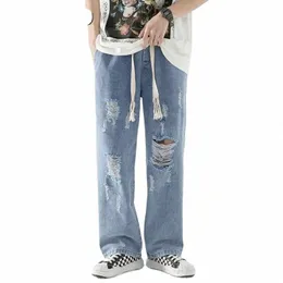 nuovi jeans larghi strappati stile coreano estivo Pantaloni larghi Pantaloni neutri hip-hop Jeans dritti oversize tinta unita Vendite calde X84H #