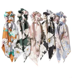 Vintage Hair Scrunchies Flower Printed Women Accessories Hårband Banden SCRUNCHIE PONYAIL HOLDER RUBBER ROPE Big Long Bow8694447