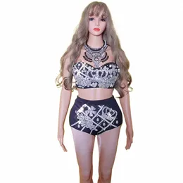 Kvinnor Sexiga Sparkly Crystals Black Bikini Outfit Bras Short Necklace Costume Singer Stage Performance Wear Sexy Dance Outfits M2MU#