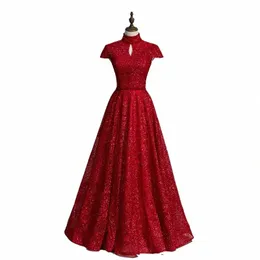 pescoço alto luxuoso noite dr Burdy backl A-line Mangas curtas Partem do chão Vintage Dres formal Woman B1182 R6fq#