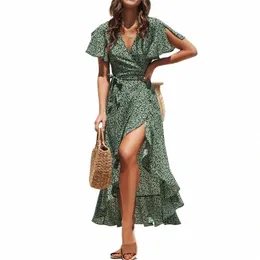 Sexy V Neck krótkie rękawie drane Dr Summer Women Side Split Szyff Floral Print Asymetrical Party Dres CKFZ-1432 H6IX#