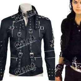 Seltene MJ Michael Jacks Punk Rock Style BAD Tour Black Cott Leder Rivet Slim Zipper Jacke Outwear u8JS #