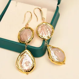 Dangle Brincos G-G Natural Pérola de Água Doce Cor Misturada Rosa Moeda Keshi Banhado A Ouro Egde Presentes de Festa Jóias