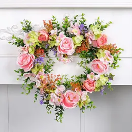 Decorative Flowers Pink Rose Heart-Shaped Wreath Valentine's Day Wedding Decoration Pendant Flower Garland With Eucalyptus Leaf Home Decor