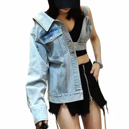chicever Denim Jackets For Women V Neck Lg Sleeve One Off Shouder Patchwork Asymmetric Hollow Out Coats Female 2021 Fall b2QQ#