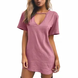 ladies Beach Sundr Mid-Length Dr Color Sleeve Solid Round Neck Short Women'S Dr t2z5#