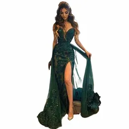 Sexig kväll Dres illusi prom dr Lace Sheath sjöjungfru med svep tågboll klänningar v-ringning hög slitsrockar vestidos de gala h9bk#