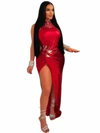 beyprern Beautiful Red Shimmer Veet Rhinestes Maxi Dr Glam Sleevel High Slit Lantejoulas Festa Metálica Dr Clubwear N4Ka #
